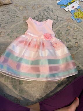 Girls' Pastel Stripe Party Dress with Flower Accent